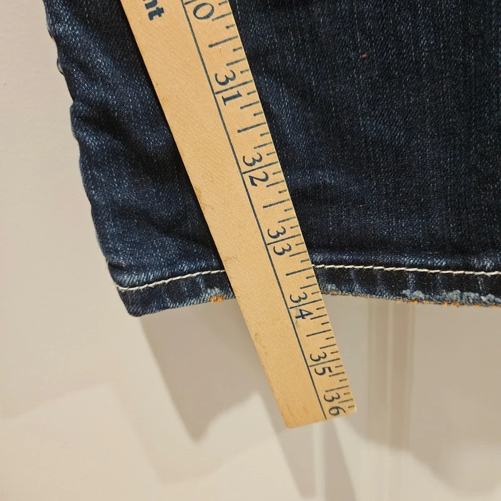 True Religion Jeans Mens 32 Blue Straight Flap Orange Stitch Distressed Ripped